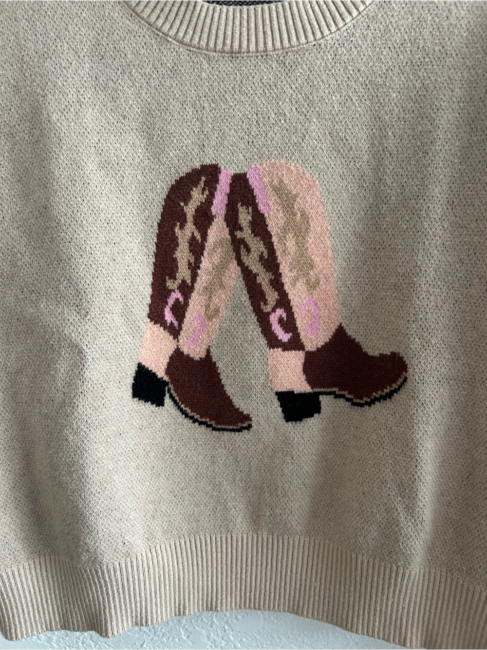 Luna Ivy Western Cottagecore Cowboy Boots Print Beige Cream Sweater - Picture 4 of 6